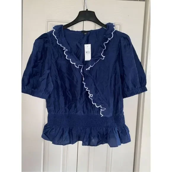 Ann Taylor NWT Scalloped Ruffle Wrap Top Navy Blue Blouse Sz Medium, MSRP $85 - Picture 2 of 10